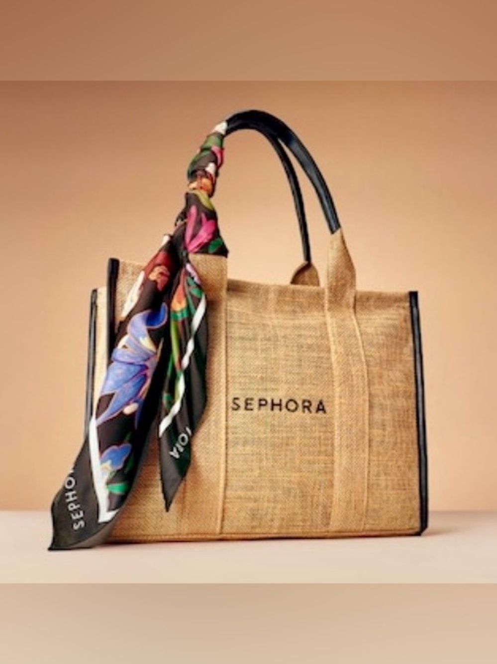 Sephora Natural Jute Tote with Black Handles and Multicolor Scarf